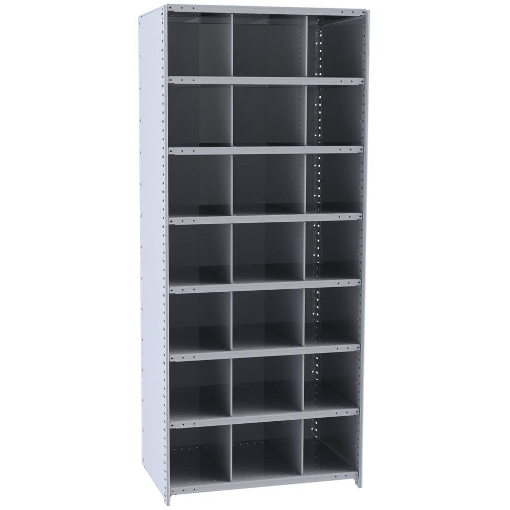Hallowell Hi-Tech Metal Bin Shelving 36"W x 18"D x 87"H 725 Dark Gray  Starter Unit (21) 12"W x 12"H Bins. Picture 1