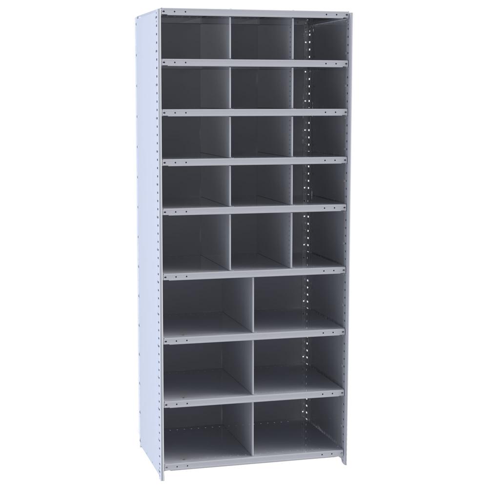 Hallowell Hi-Tech Metal Bin Shelving 36"W x 18"D x 87"H 725 Dark Gray  Starter Unit (12) 12"W x 9"H, (3) 12"W x 12"H, (6) 18"W x 12"H Bins. Picture 1