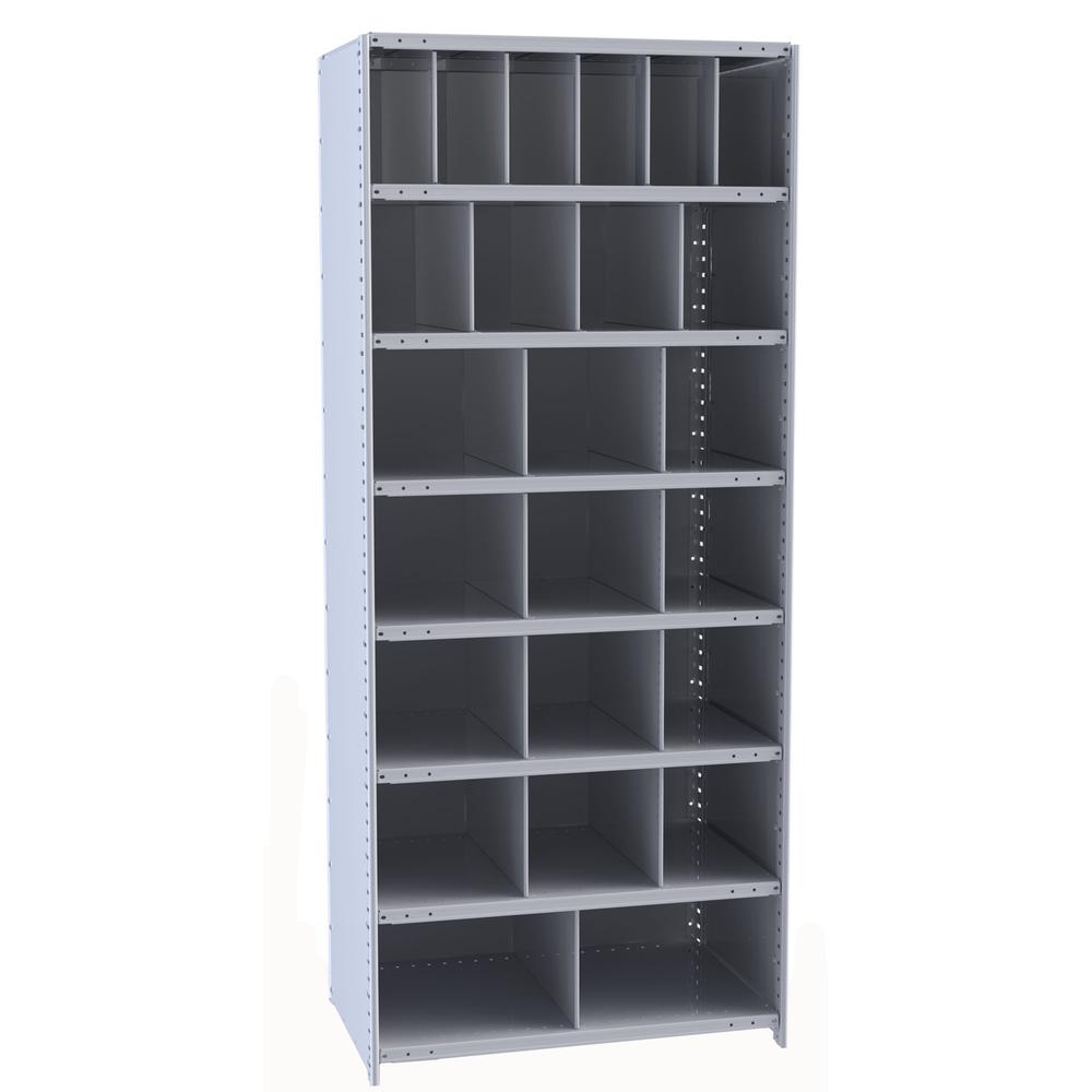 Hallowell Hi-Tech Metal Bin Shelving 36"W x 18"D x 87"H 725 Dark Gray  Starter Unit (6) 6"W x 12"H, (4) 9"W x 12"H, (12) 12"W x 12"H, (2) 18"W x 12"H Bins. Picture 1
