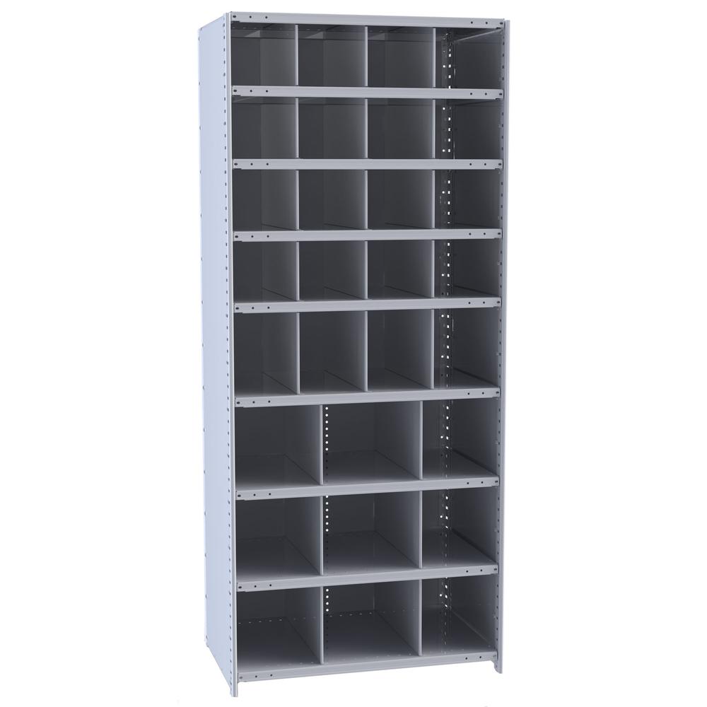 Hallowell Hi-Tech Metal Bin Shelving 36"W x 24"D x 87"H 725 Dark Gray  Starter Unit (16) 9"W x 9"H, (4) 9"W x 12"H, (9) 12"W x 12"H Bins. Picture 1