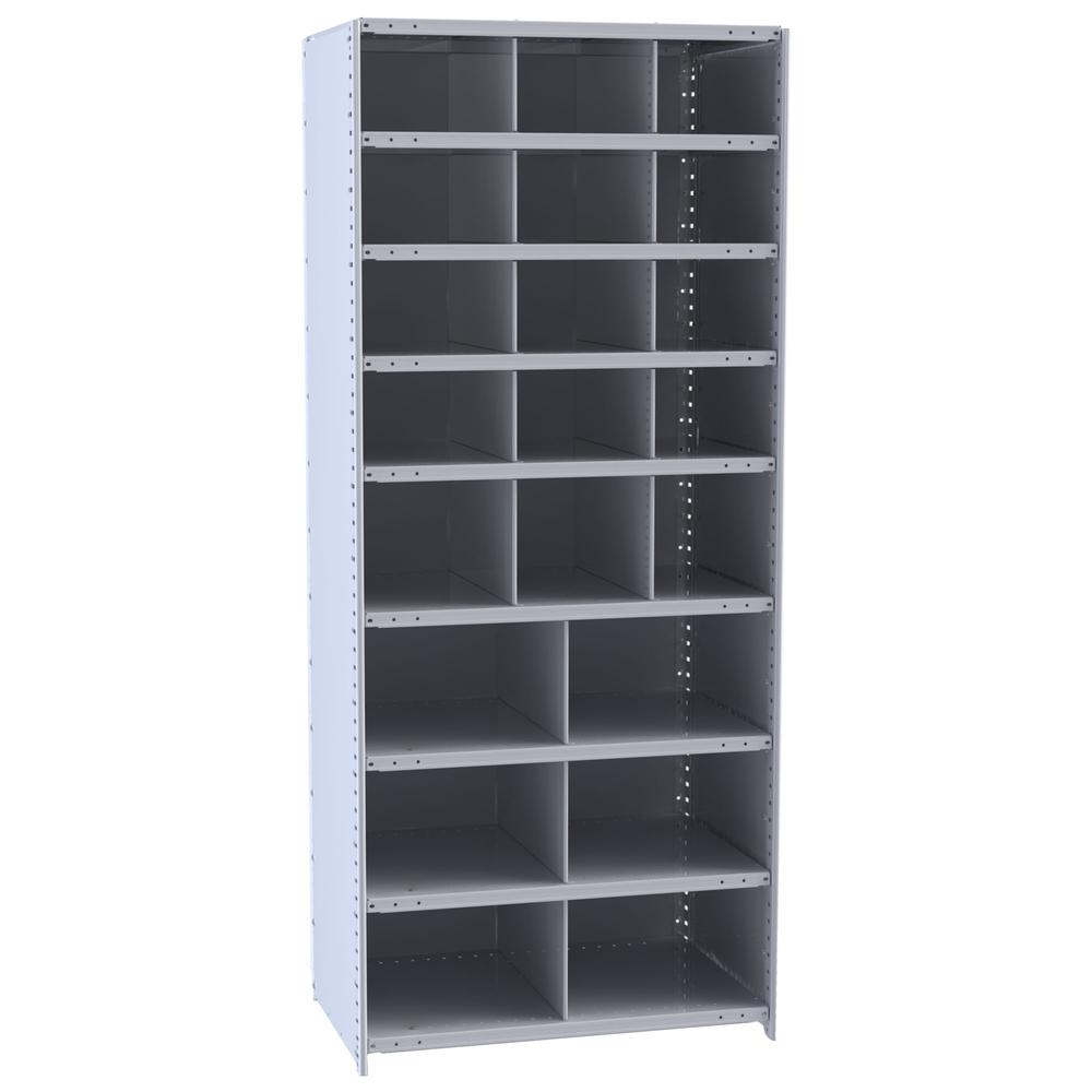 Hallowell Hi-Tech Metal Bin Shelving 36"W x 24"D x 87"H 725 Dark Gray  Starter Unit (12) 12"W x 9"H, (3) 12"W x 12"H, (6) 18"W x 12"H Bins. Picture 1