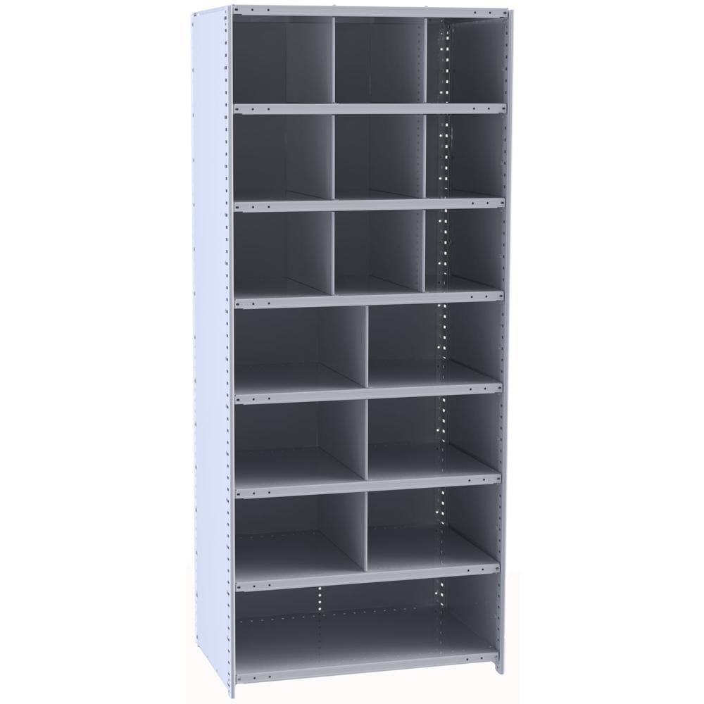 Hallowell Hi-Tech Metal Bin Shelving 36"W x 24"D x 87"H 725 Dark Gray  Starter Unit (9) 12"W x 12"H, (6) 18"W x 12"H, (1) 36"W x 12"H Bins. Picture 1