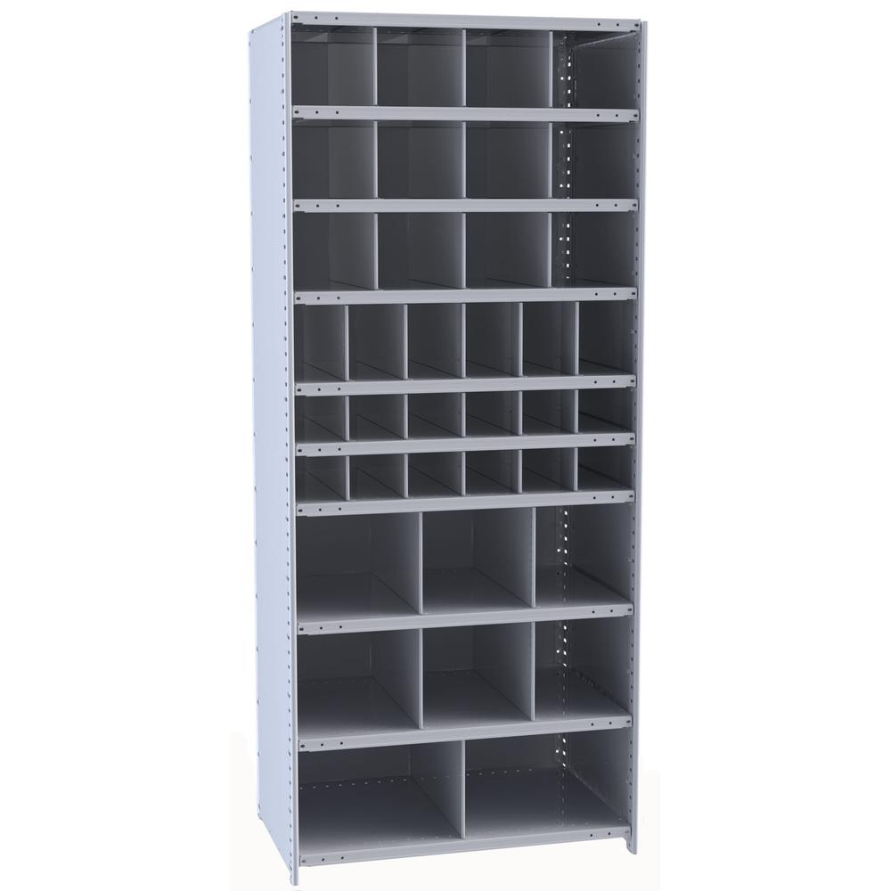Hallowell Hi-Tech Metal Bin Shelving 36"W x 24"D x 87"H 725 Dark Gray  Starter Unit (12) 9"W x 9"H, (6) 6"W x 9"H, (12) 6"W x 6"H, (6) 12"W x 12"H, (2) 18"W x 12"H Bins. Picture 1