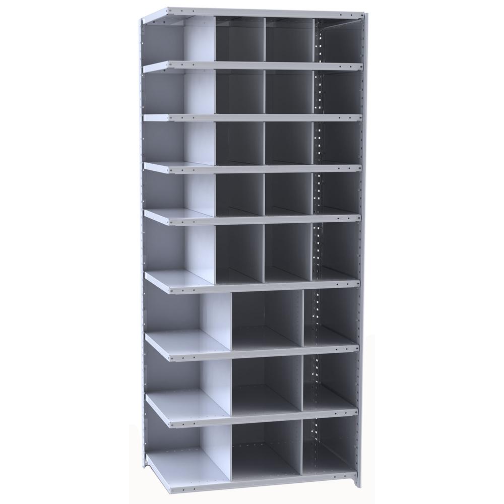 Hallowell Hi-Tech Metal Bin Shelving 36"W x 18"D x 87"H 725 Dark Gray  Starter Unit (16) 9"W x 9"H, (4) 9"W x 12"H, (9) 12"W x 12"H Bins. Picture 2