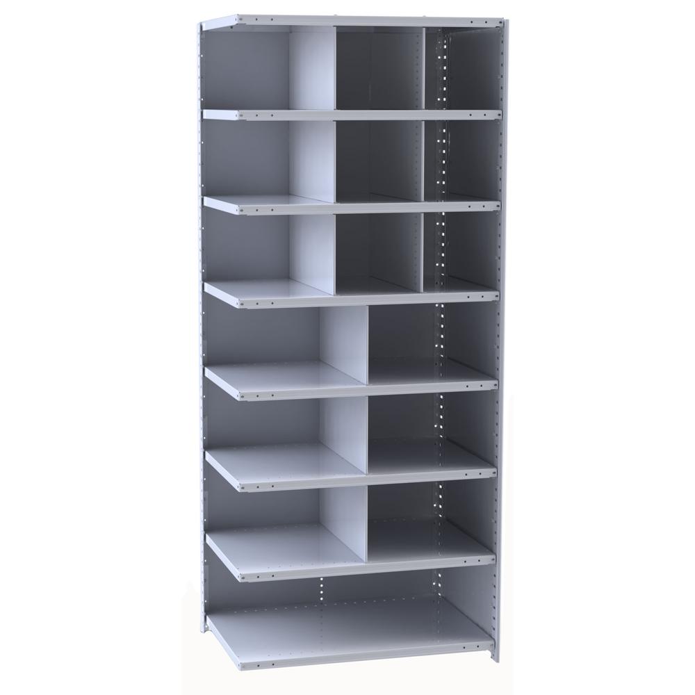 Hallowell Hi-Tech Metal Bin Shelving 36"W x 18"D x 87"H 725 Dark Gray  Starter Unit (9) 12"W x 12"H, (6) 18"W x 12"H, (1) 36"W x 12"H Bins. Picture 2