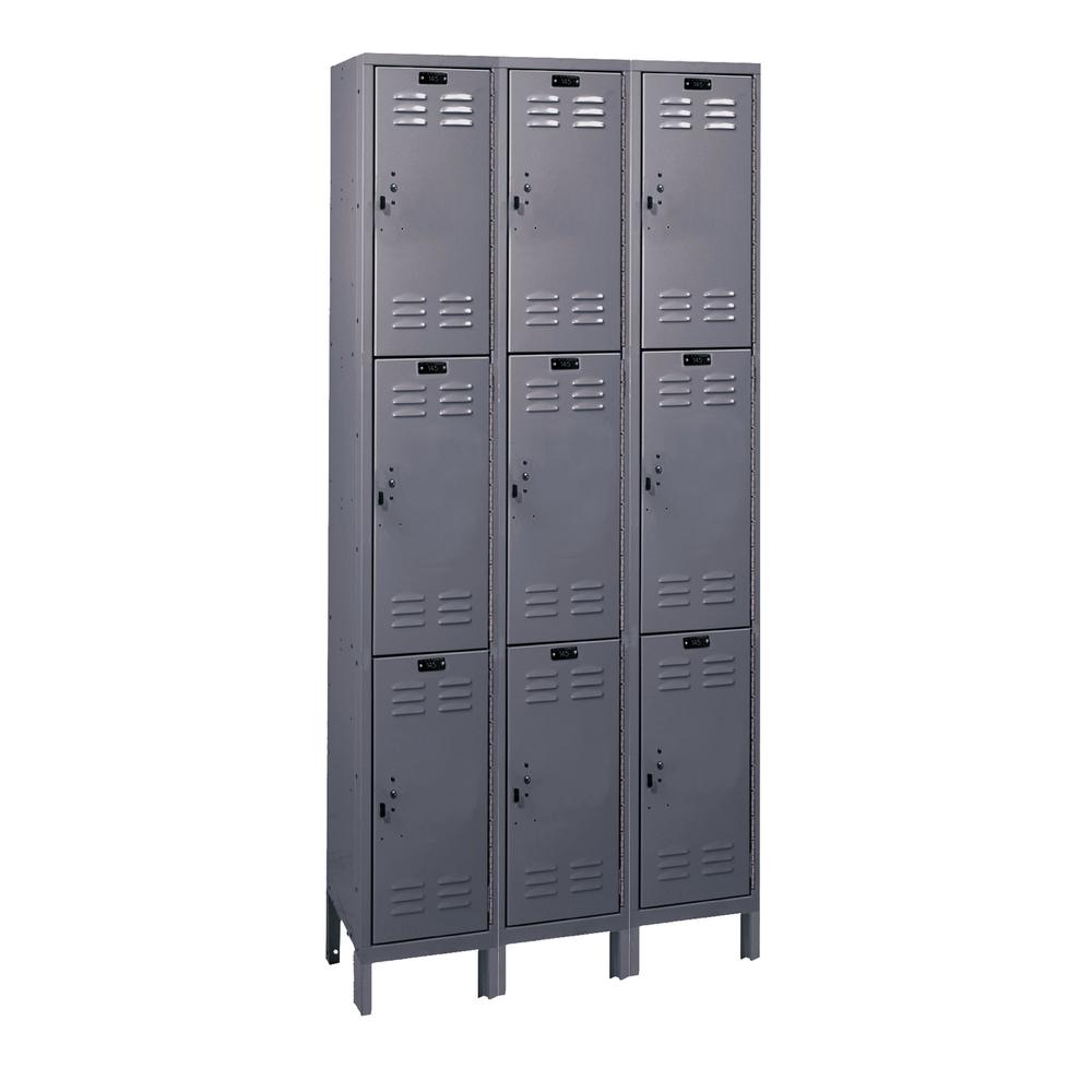 Hallowell Value Max Locker, 725 Dark Gray, Triple Tier, 3-Wide, Knock-Down. Picture 1