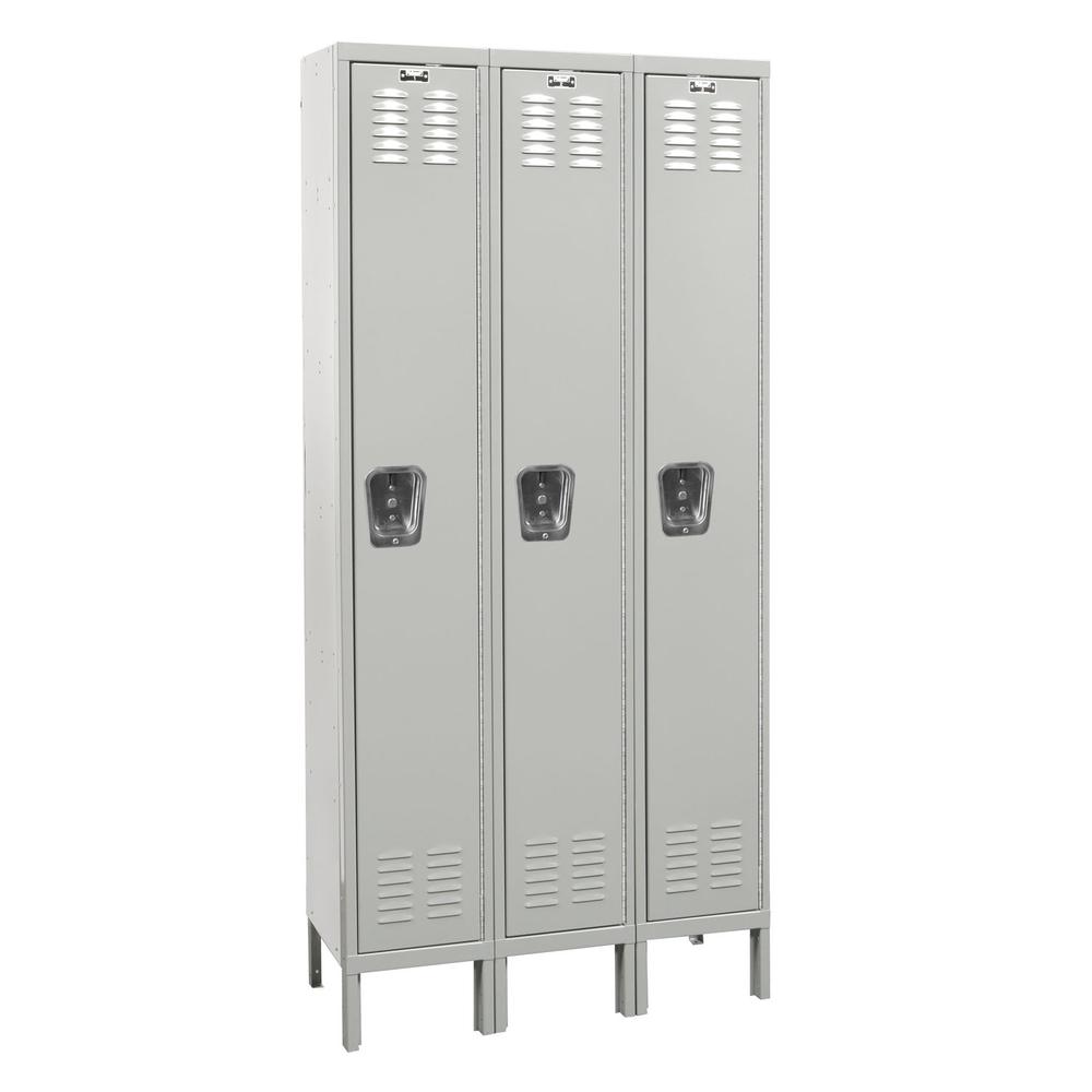 Hallowell Premium Locker, 711 Light Gray, Single Tier, 3-Wide, Assembled. Picture 1