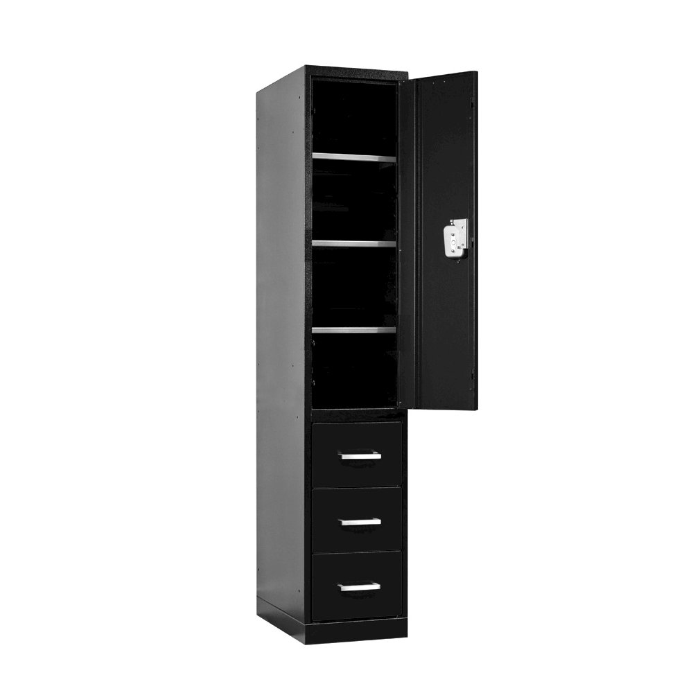 Fort Knox Locker - Half Height Door & 3 Drawers, 18"W x 24"D x 78"H, Black Body, Red Doors (textured), 1-Wide, All-Welded. Picture 1