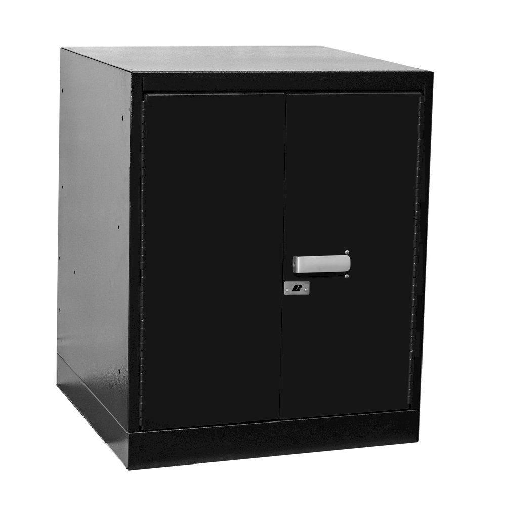 Fort Knox Workbench Pedestal - Doors, 18"W x 24"D x 32"H, Black Body, Red Doors (textured), 1-Wide, All-Welded. Picture 1
