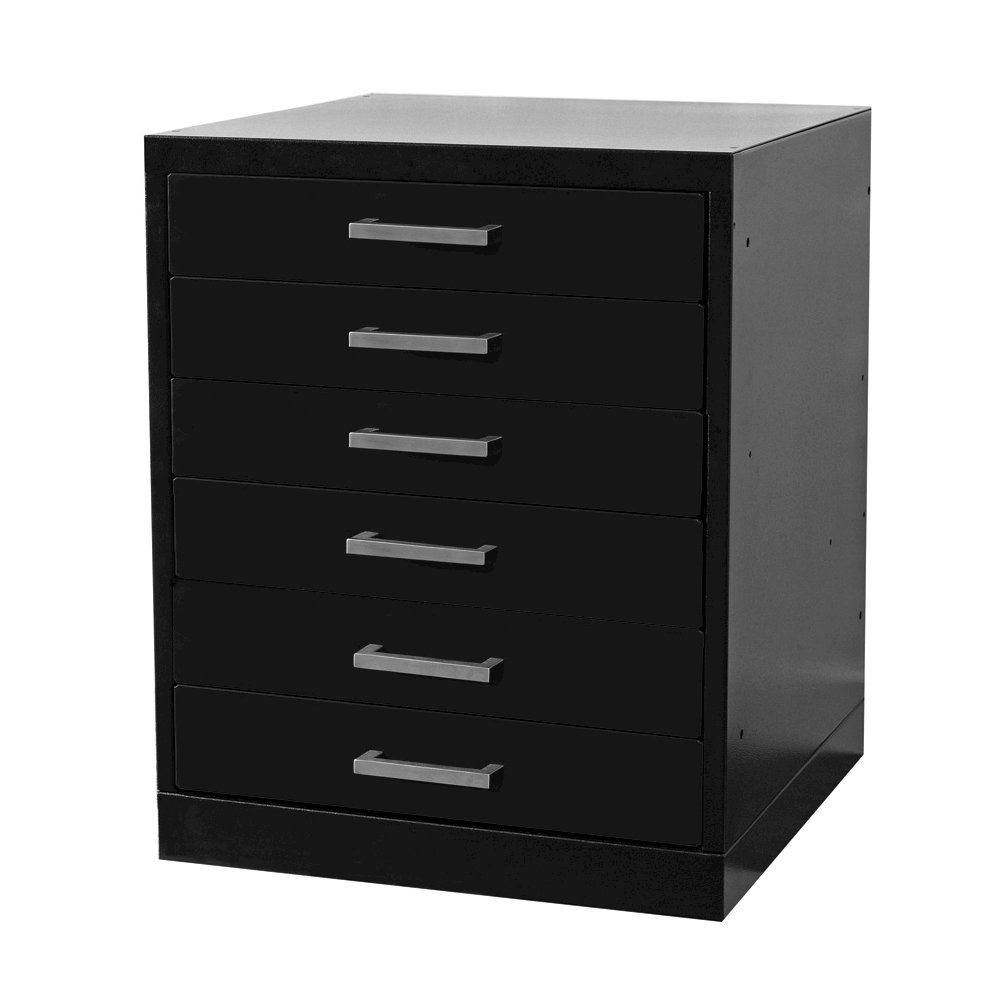 Fort Knox Workbench Pedestal - 6 Drawer, 18"W x 24"D x 32"H, Black Body, Red Doors (textured), 1-Wide, All-Welded. Picture 1