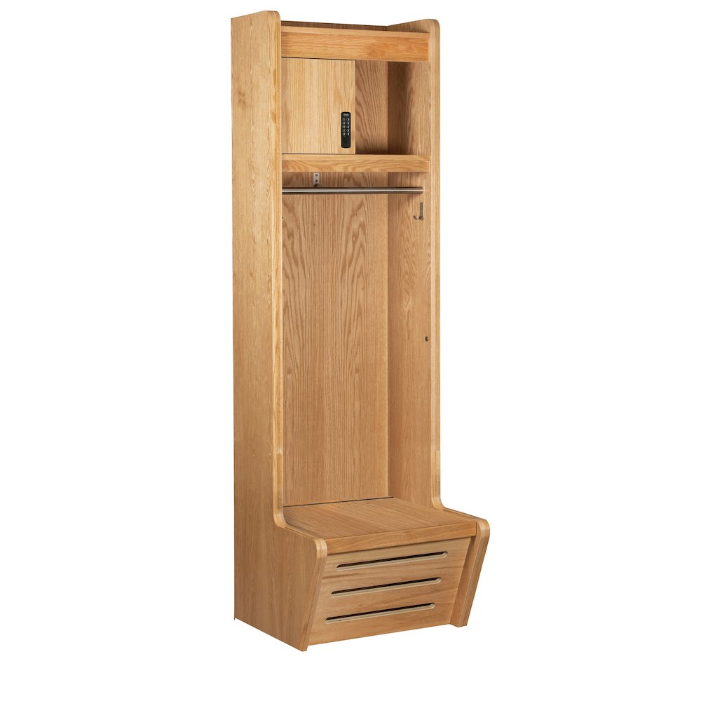 Recruiter-2, New Style, Setback, Solid Side,, 12" Security Box No Logo, 24"W x 12"/24"D x 84"H, Natural Red Oak with Clear Finish, Open Front, 1-Wide, Assembled. Picture 1