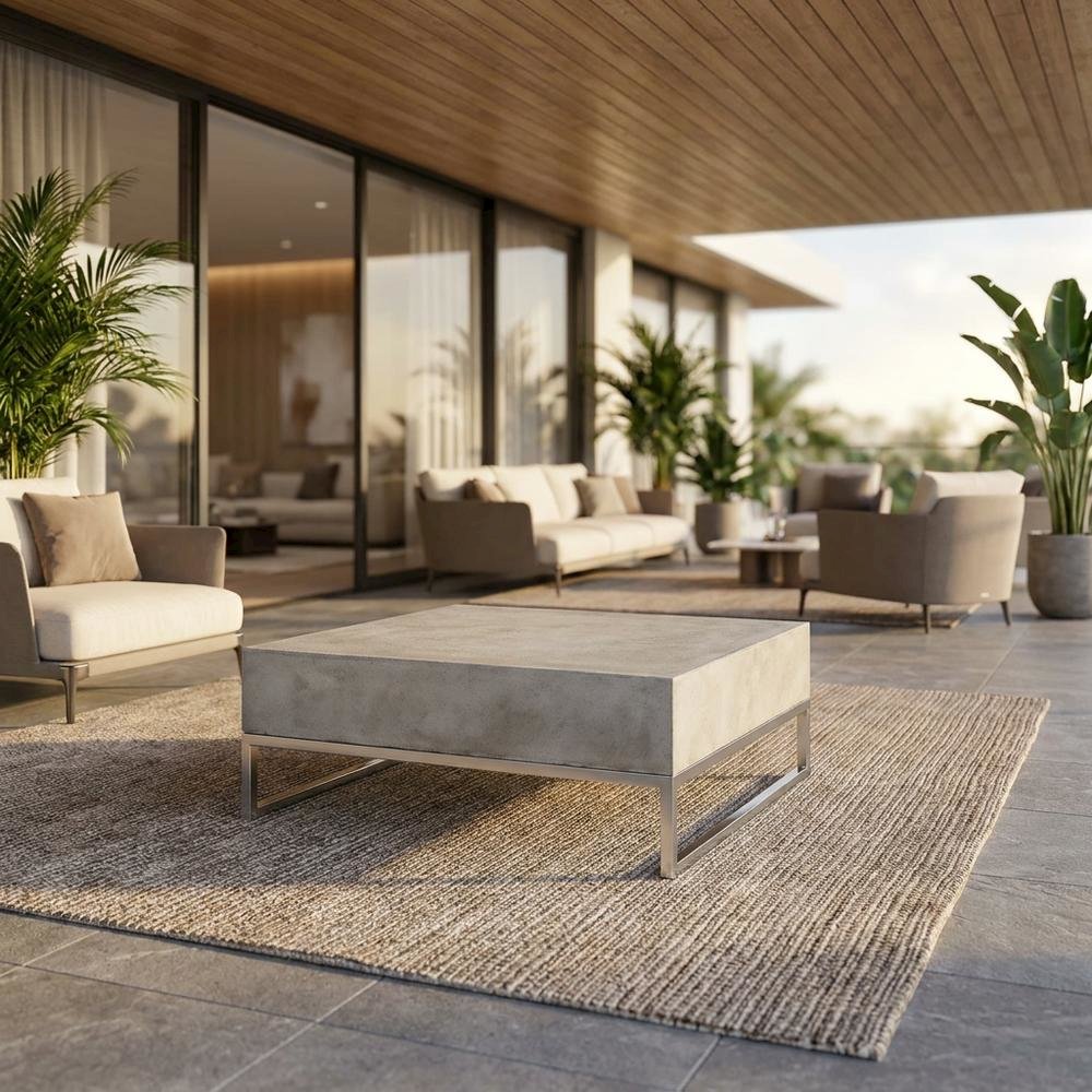 Modern outdoor concrete coffee table with acrylic finish and stainless hardware. Picture 2