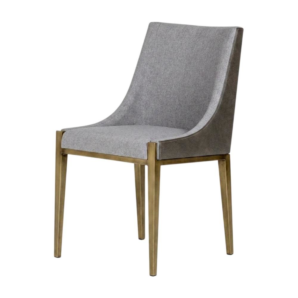 Modern grey and brass dining chair with padded seat and sleek design. Picture 4
