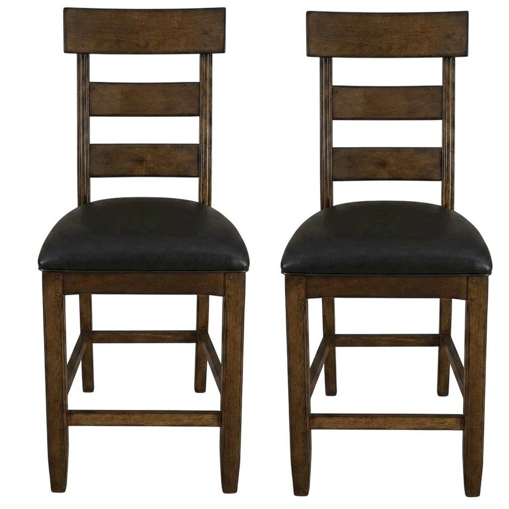 Distressed Mango Counter Stool with Upholstered Faux Leather Seat, Warm Pecan. Picture 1