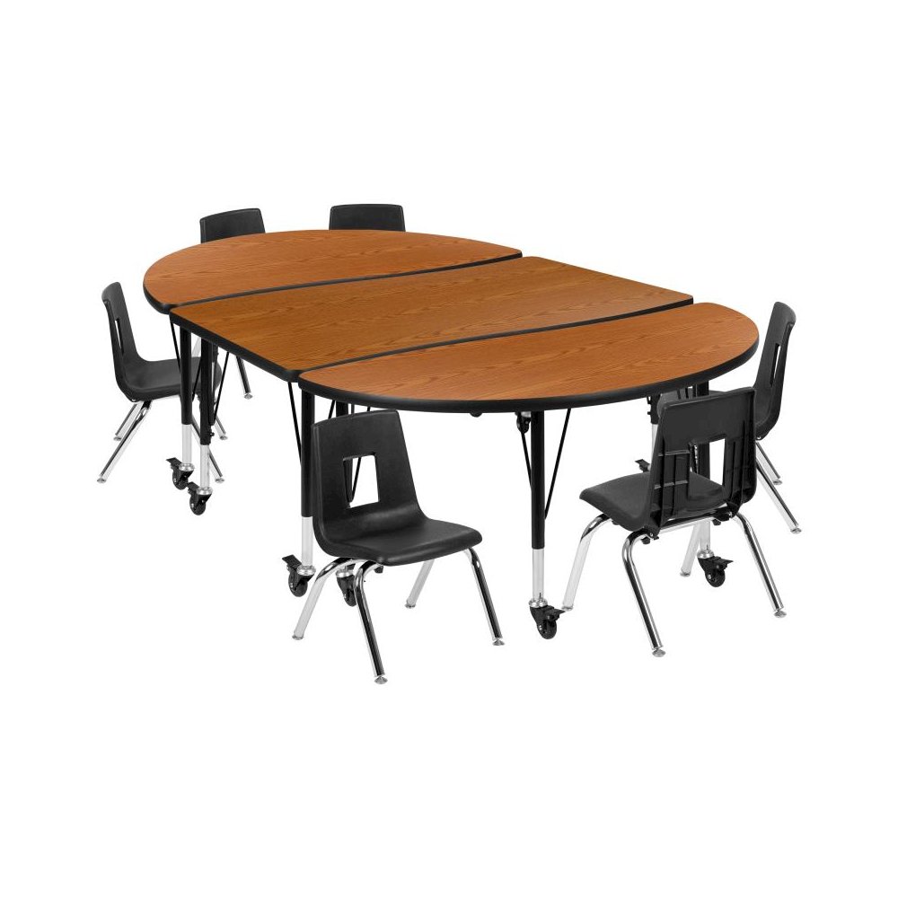 76" Oval Wave Flexible Laminate Activity Table Set with 14" Student Stack Chairs, Oak/Black. Picture 1