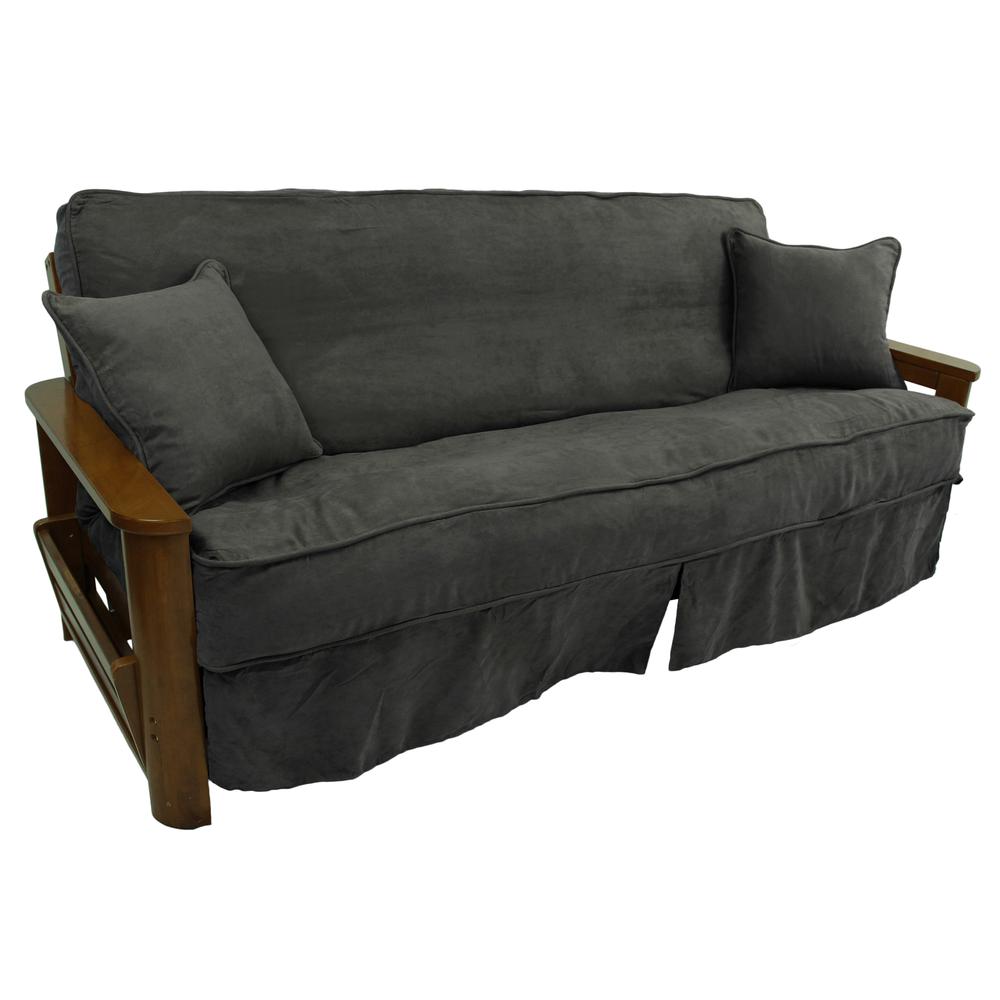 Solid Microsuede Double Corded 8 to 9-inch Full Futon Slipcover Set with Two 18-inch Throw Pillows (Set of 3). Picture 2