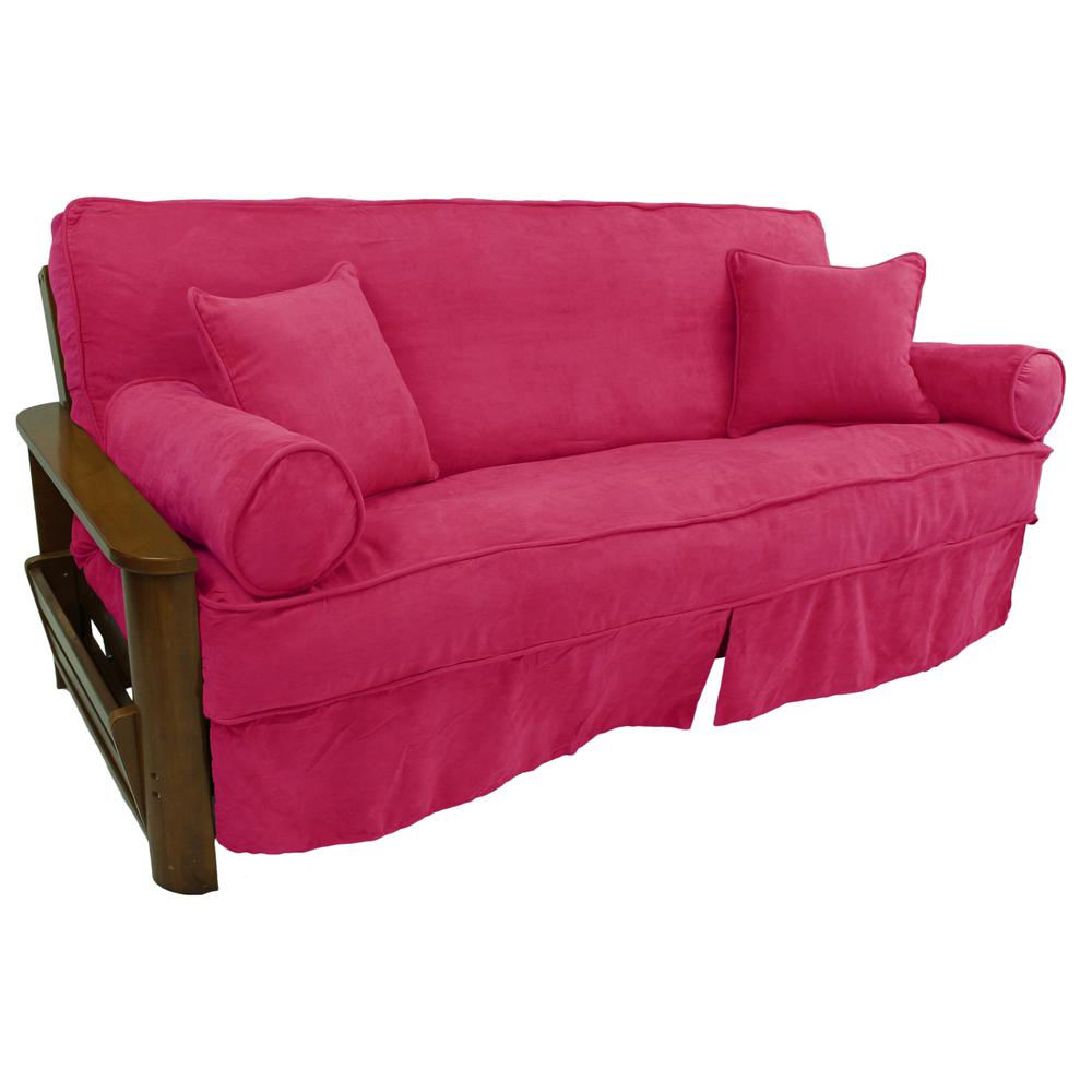 Solid Microsuede Double Corded 8 to 9-inch Full Futon Slipcover Set with Four Throw Pillows (Set of 5). Picture 2