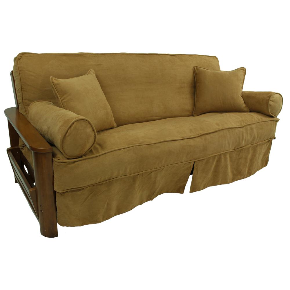Solid Microsuede Double Corded 8 to 9-inch Full Futon Slipcover Set with Four Throw Pillows (Set of 5). Picture 2