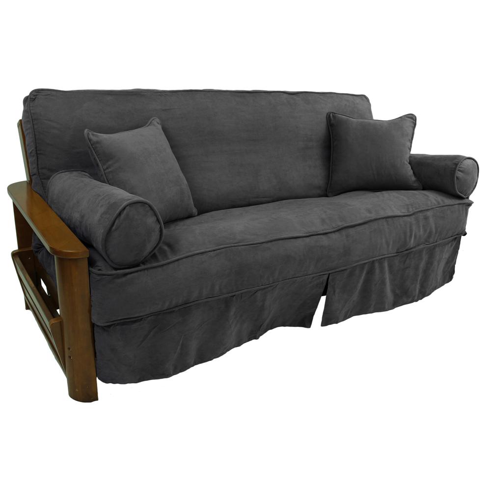 Solid Microsuede Double Corded 8 to 9-inch Full Futon Slipcover Set with Four Throw Pillows (Set of 5). Picture 2