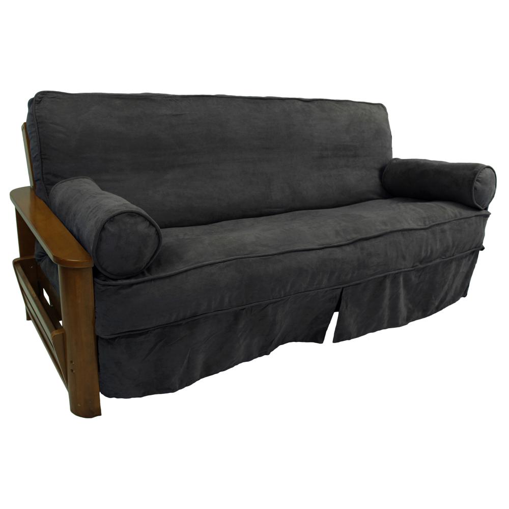 Solid Microsuede Double Corded 8 to 9-inch Full Futon Slipcover Set with Two 20 by 8-inch Bolster Pillows (Set of 3). Picture 2