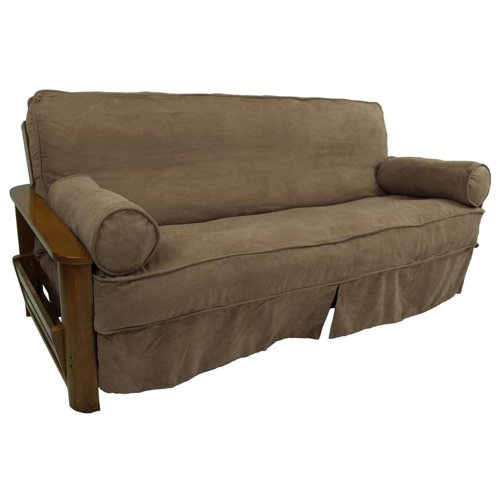 Solid Microsuede Double Corded 8 to 9-inch Full Futon Slipcover Set with Two 20 by 8-inch Bolster Pillows (Set of 3). Picture 2