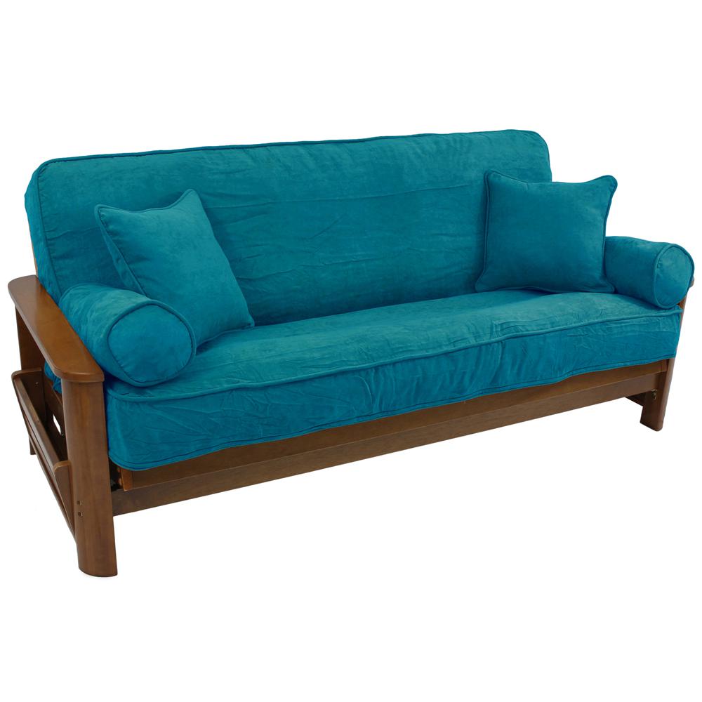 Solid Microsuede Double Corded 8 to 9-inch Full Futon Cover Set with Four Throw Pillows (Set of 5). Picture 3