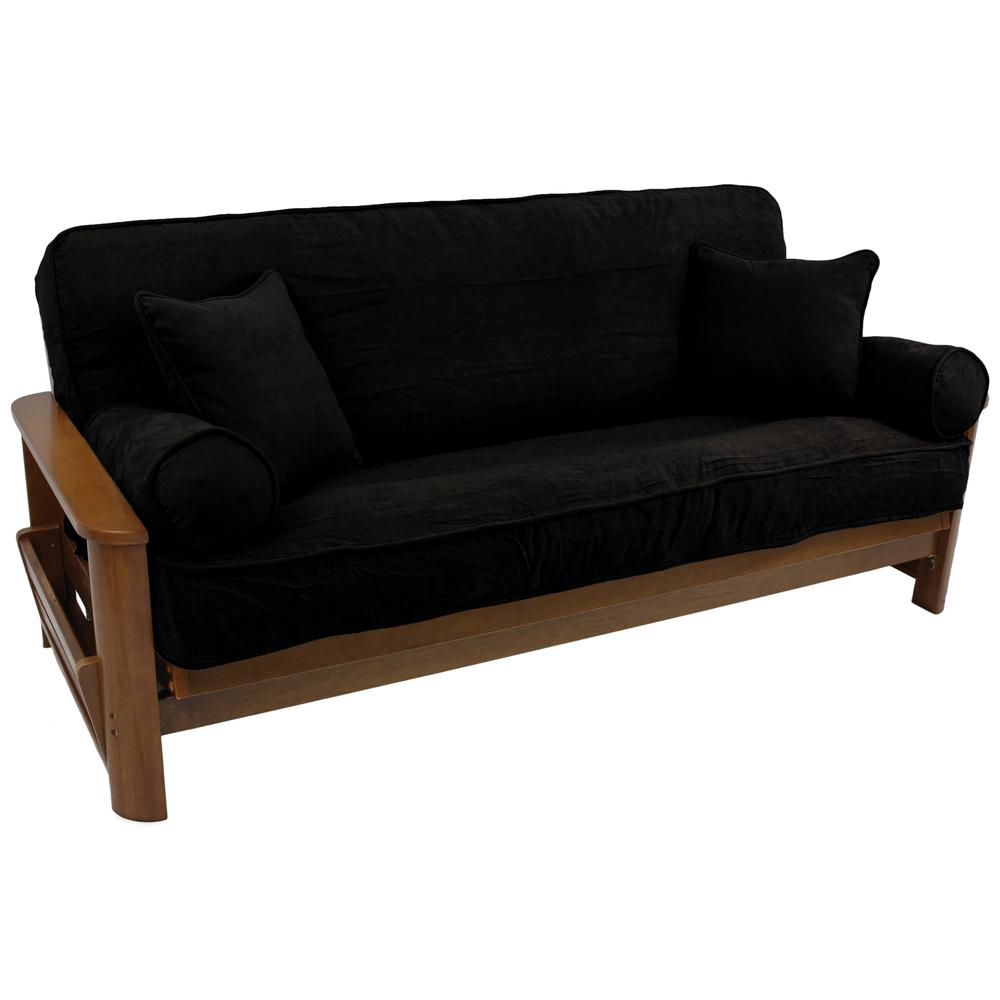 Solid Microsuede Double Corded 8 to 9-inch Full Futon Cover Set with Four Throw Pillows (Set of 5). Picture 3