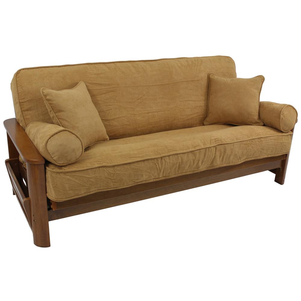 Solid Microsuede Double Corded 8 to 9-inch Full Futon Cover Set with Four Throw Pillows (Set of 5). Picture 3