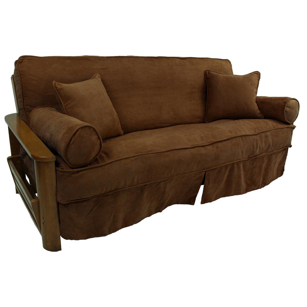 Solid Microsuede Double Corded 8 to 9-inch Full Futon Slipcover Set with Four Throw Pillows (Set of 5). Picture 1
