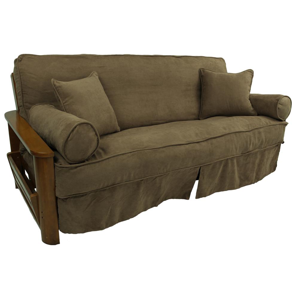 Solid Microsuede Double Corded 8 to 9-inch Full Futon Slipcover Set with Four Throw Pillows (Set of 5). Picture 1