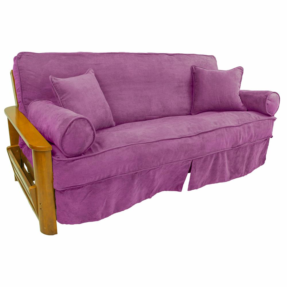 Solid Microsuede Double Corded 8 to 9-inch Full Futon Slipcover Set with Four Throw Pillows (Set of 5) 9672-CD-MS-UV. Picture 1