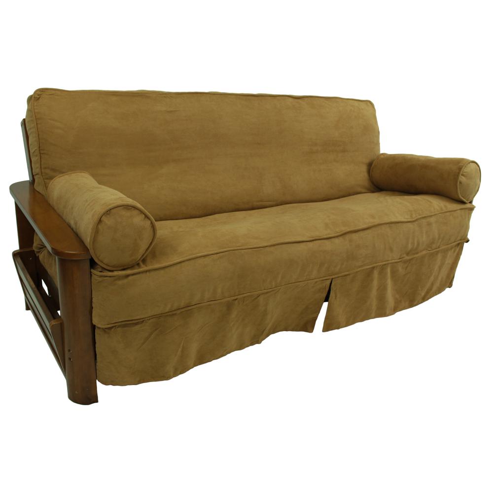 Solid Microsuede Double Corded 8 to 9-inch Full Futon Slipcover Set with Two 20 by 8-inch Bolster Pillows (Set of 3). Picture 1