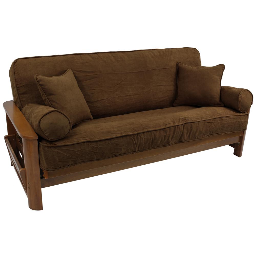 Solid Microsuede Double Corded 8 to 9-inch Full Futon Cover Set with Four Throw Pillows (Set of 5). Picture 1