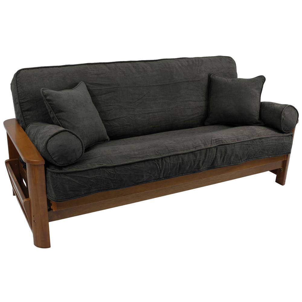 Solid Microsuede Double Corded 8 to 9-inch Full Futon Cover Set with Four Throw Pillows (Set of 5). Picture 1