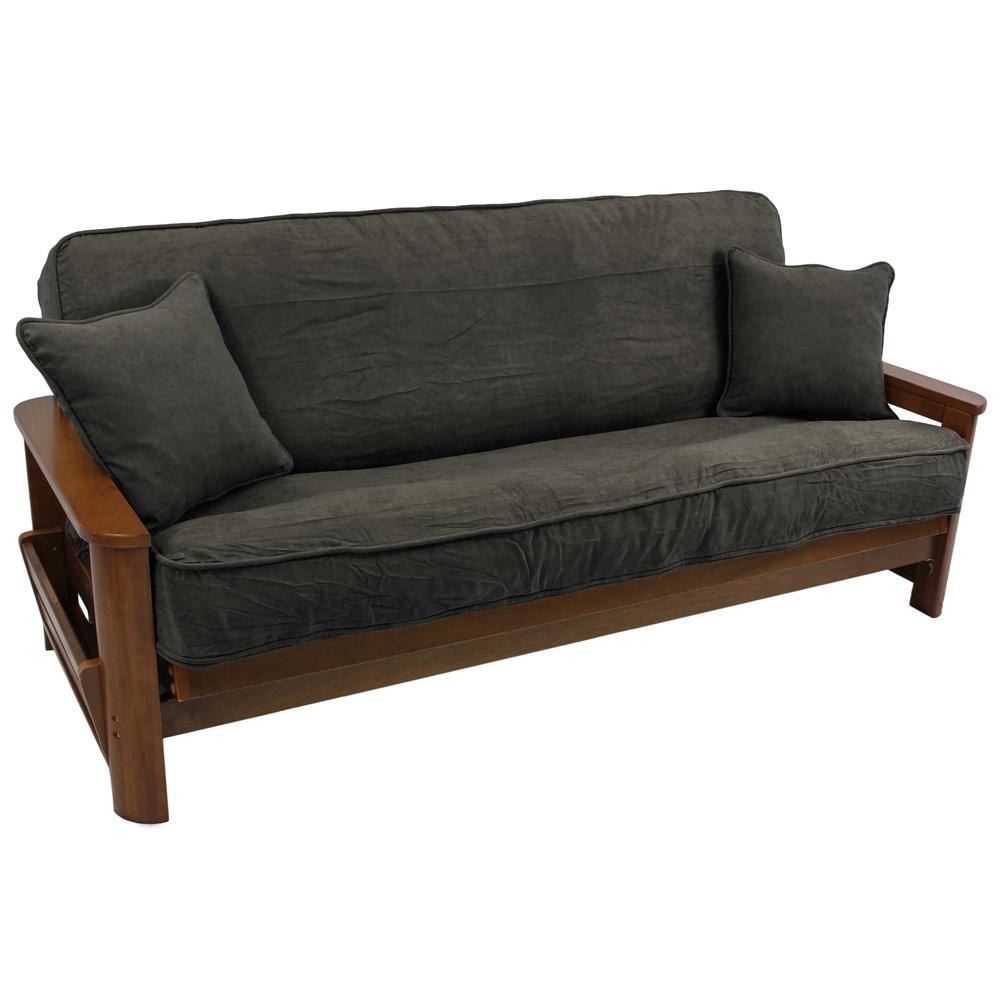 Solid Microsuede Double Corded 8 to 9-inch Full Futon Cover Set with Two 18-inch Throw Pillows (Set of 3). Picture 1