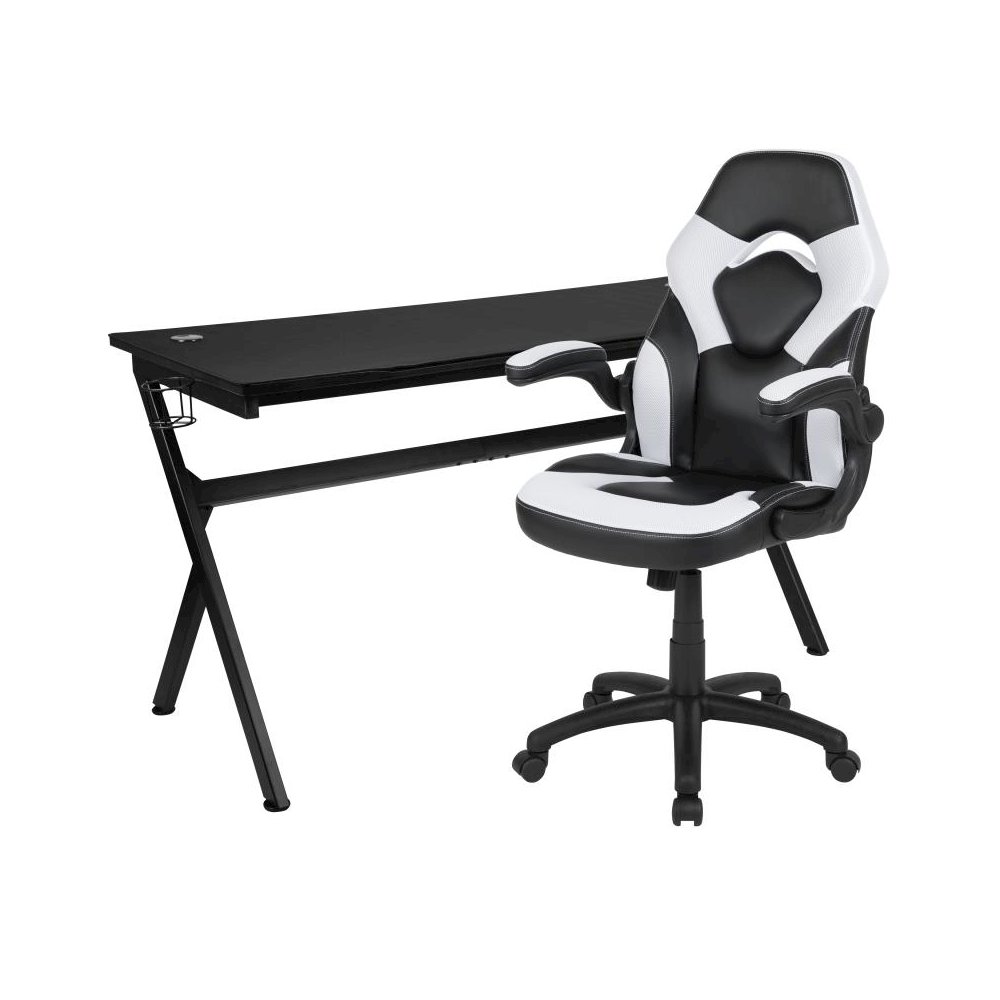 Gaming Desk and White/Black Racing Chair Set /Cup Holder/Headphone Hook/Removable Mouse Pad Top - 2 Wire Management Holes. Picture 1