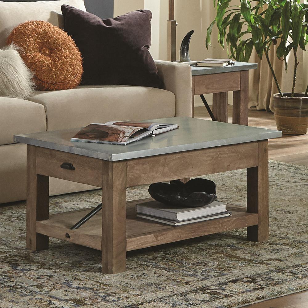 Millwork 36" Wood and Zinc Metal Coffee Table with Shelf. Picture 9