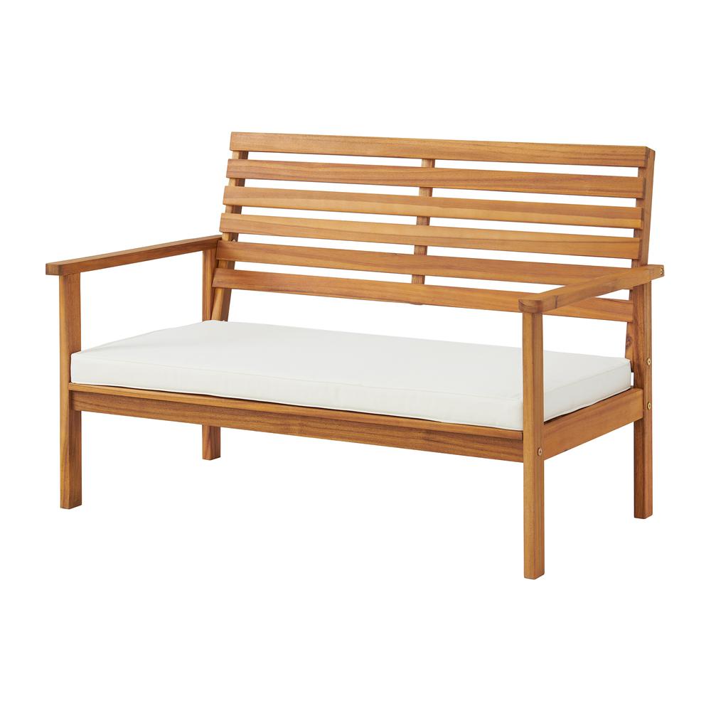 Orwell Outdoor Acacia Wood Conversation Set with Bench and Two Chairs with Cushions and Cocktail Table, Set of 4. Picture 1