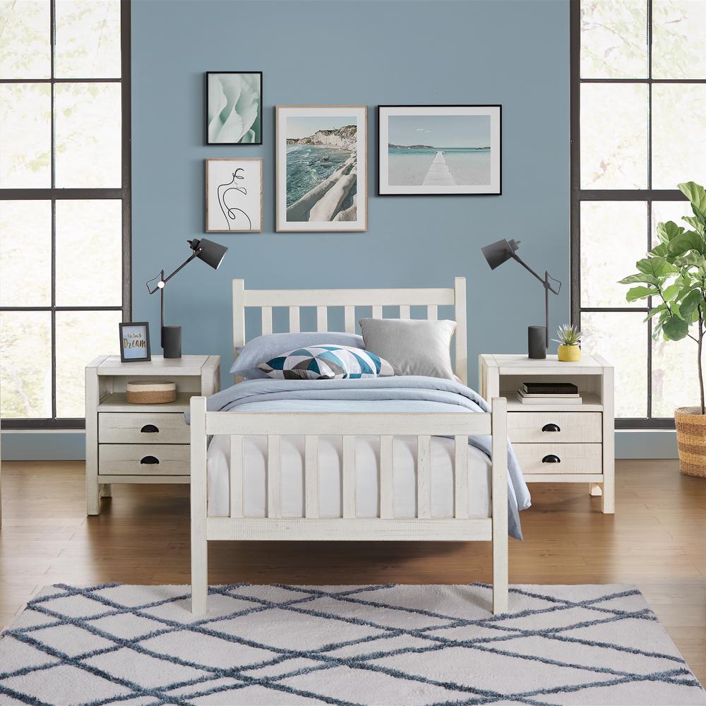 Windsor 3-Piece Wood Bedroom Set with Slat Twin Bed and 2 Nightstands, White. Picture 2