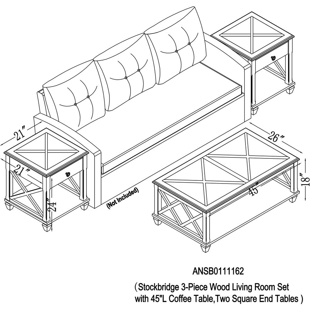 Stockbridge 3-Piece Wood Living Room Set with 45"L Coffee Table and  Two Square End Tables. Picture 16