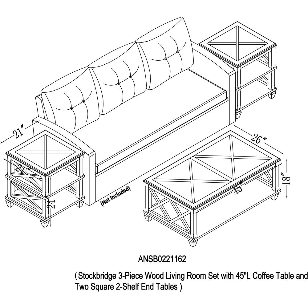 Stockbridge 3-Piece Wood Living Room Set with 45"L Coffee Table and Two 2 -Shelf End Tables. Picture 15