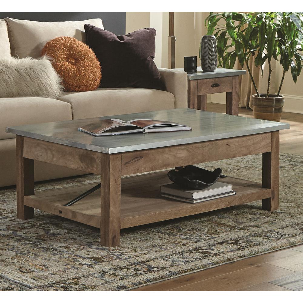 Millwork 48" Wood and Zinc Metal Coffee Table with Shelf. Picture 2
