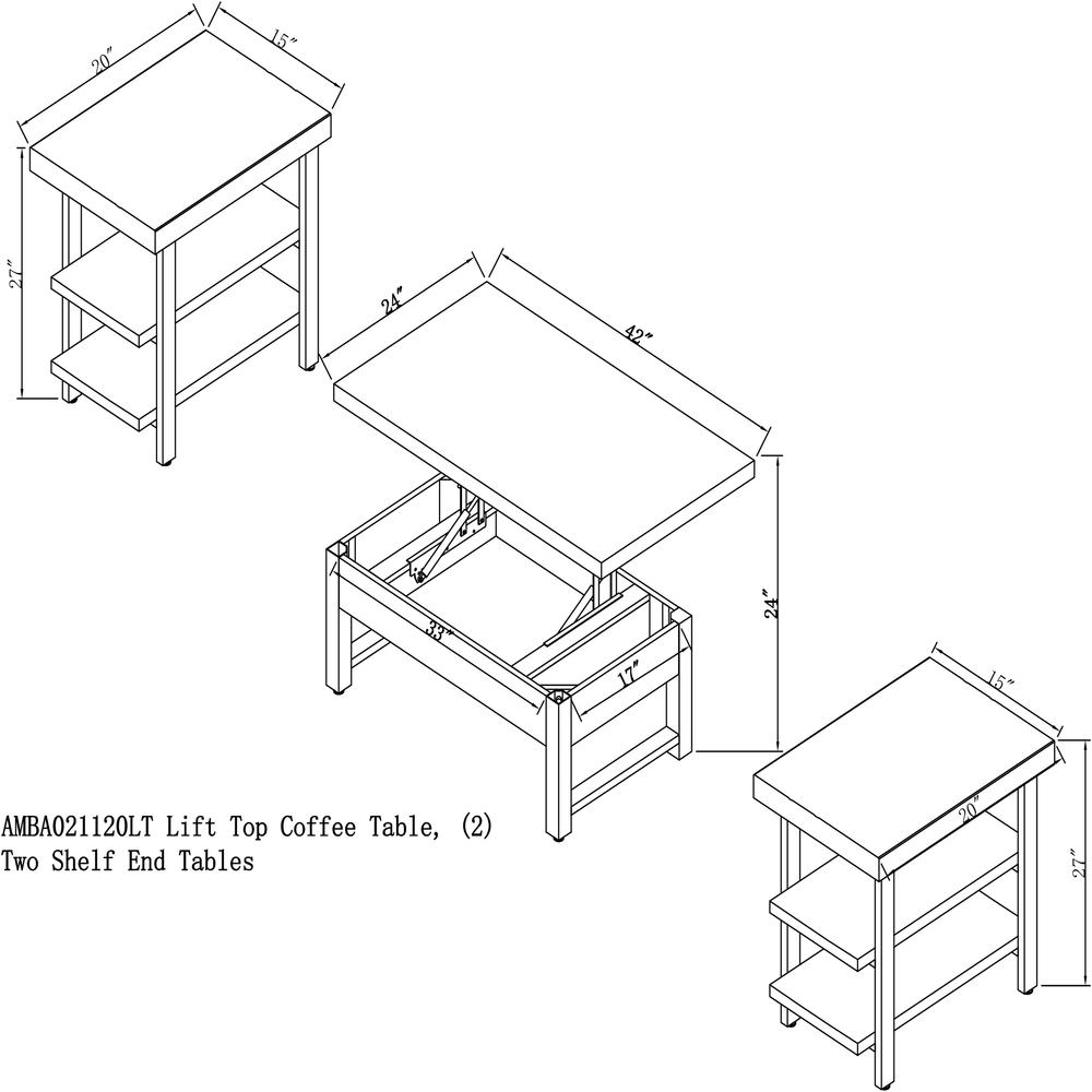 Pomona 3-Piece Living Room Set with 42"W Lift Top Coffee Table and Two End Tables with Shelves. Picture 13