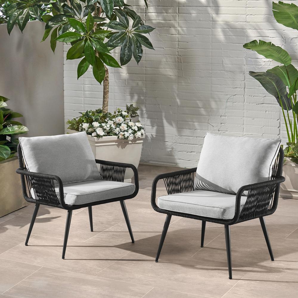 Andover All-Weather Outdoor 29" H  Rope Chairs with Light Gray Cushions, Set of Two. Picture 2