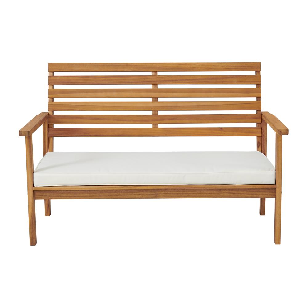 Orwell Outdoor Acacia Wood Conversation Set with Bench and Two Chairs with Cushions and Cocktail Table, Set of 4. Picture 4