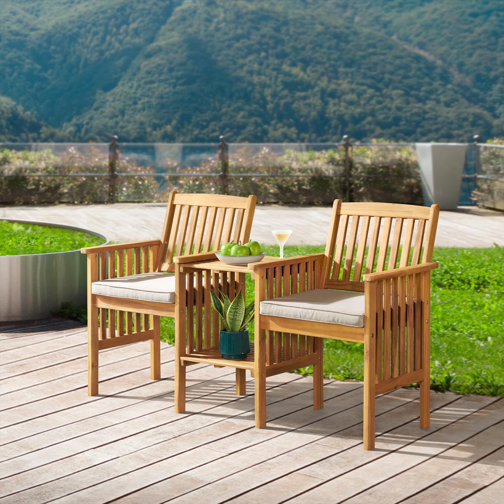 Bristol Acacia Wood Outdoor Double Seat Bench with Attached Table. Picture 1
