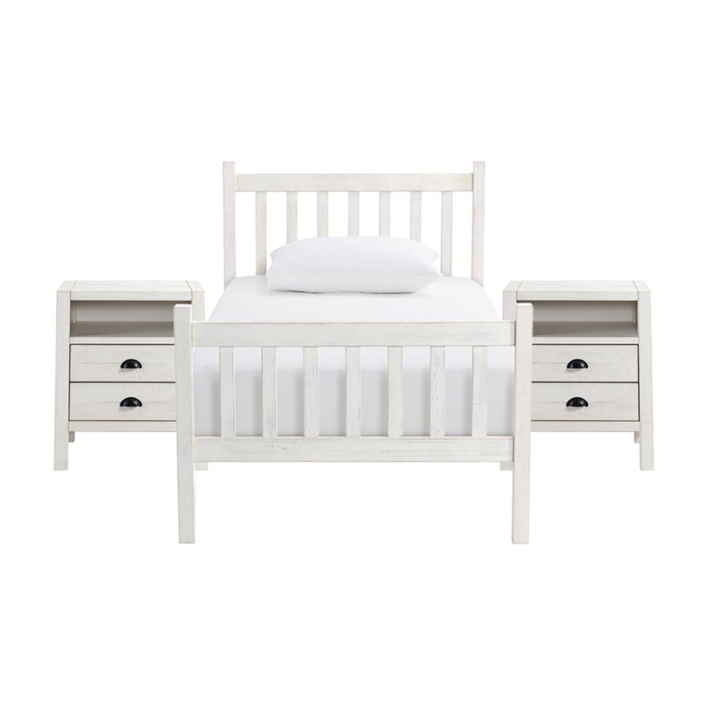Windsor 3-Piece Wood Bedroom Set with Slat Twin Bed and 2 Nightstands, White. Picture 1