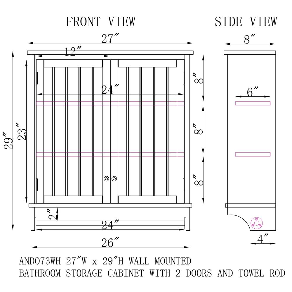 Dover 27"W x 29"H Wall Mounted Bathroom Storage Cabinet with 2 Doors and Towel Rod. Picture 6