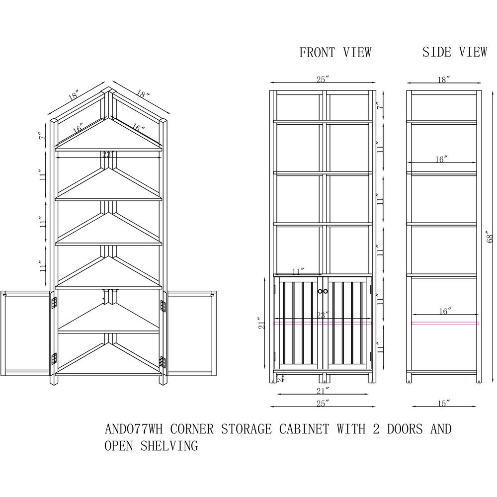 Dover 25"W x 68"H Corner Storage Cabinet with 2 Doors and Open Shelving. Picture 7