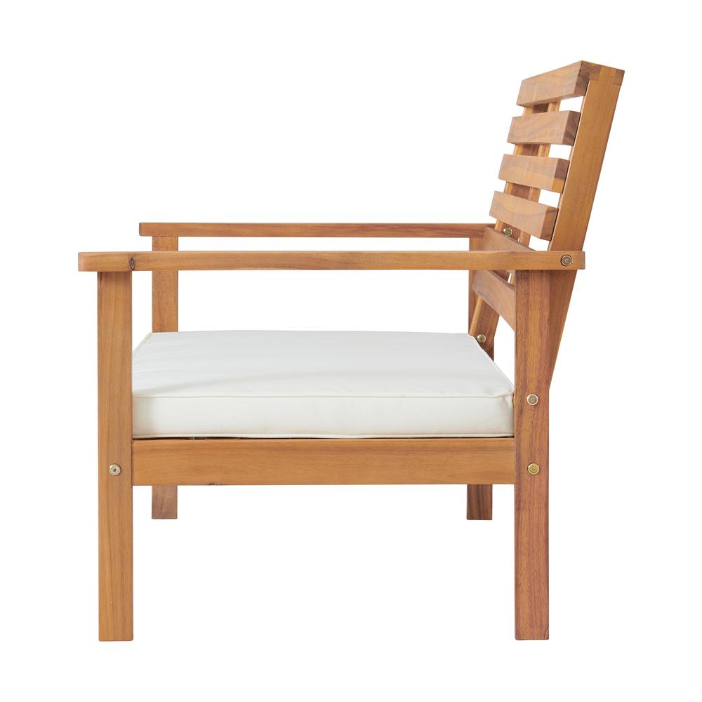 Orwell Outdoor Acacia Wood Conversation Set with Bench and Two Chairs with Cushions and Cocktail Table, Set of 4. Picture 6